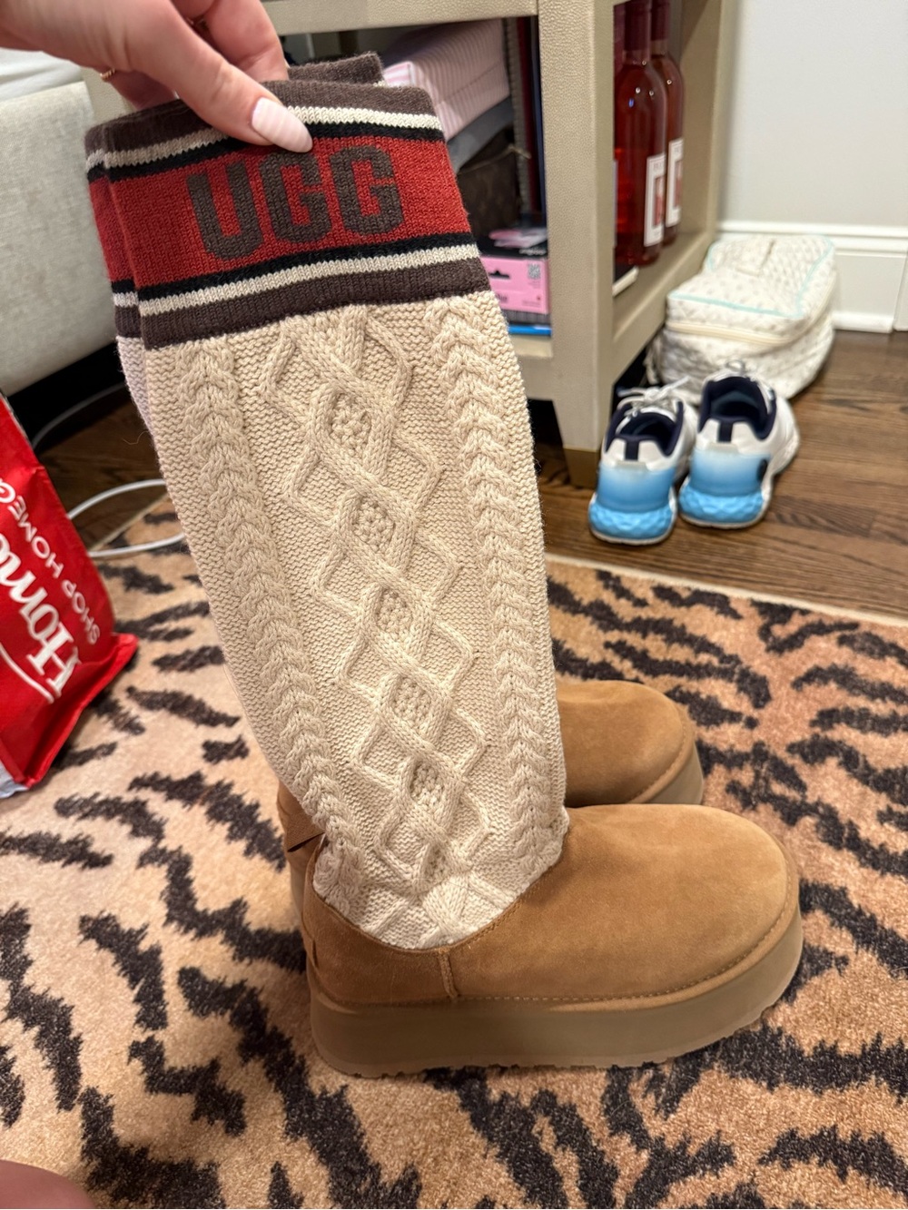 UGG Tan Suede Platform Boot with Cream Cable Knit Shaft and Red Branded Cuff